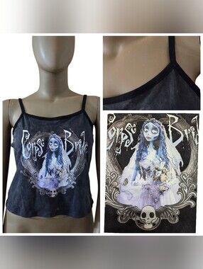 Tim Burton's CORPSE BRIDE Emily Mineral Wash Crop Tank Top XL Charcoal Gray NWOT
